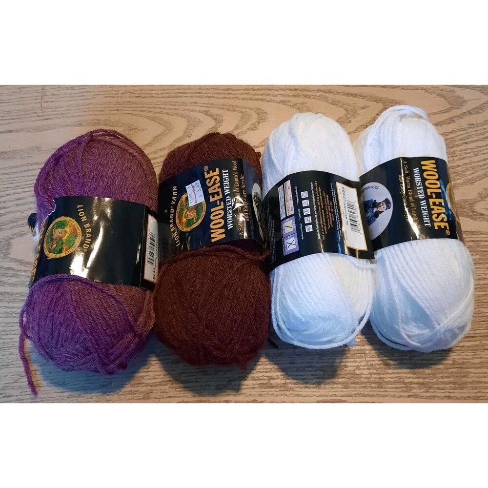 Lot Of 4- Lion Brand Wool Ease Yarn- White, Chestnut Heather & Dark Rose Heather